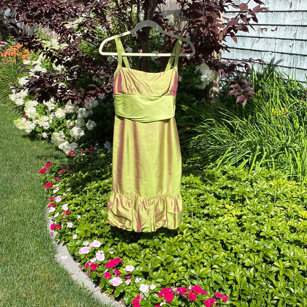 Nicole Miller formal dress, size 6, silk, green with pink shimmer